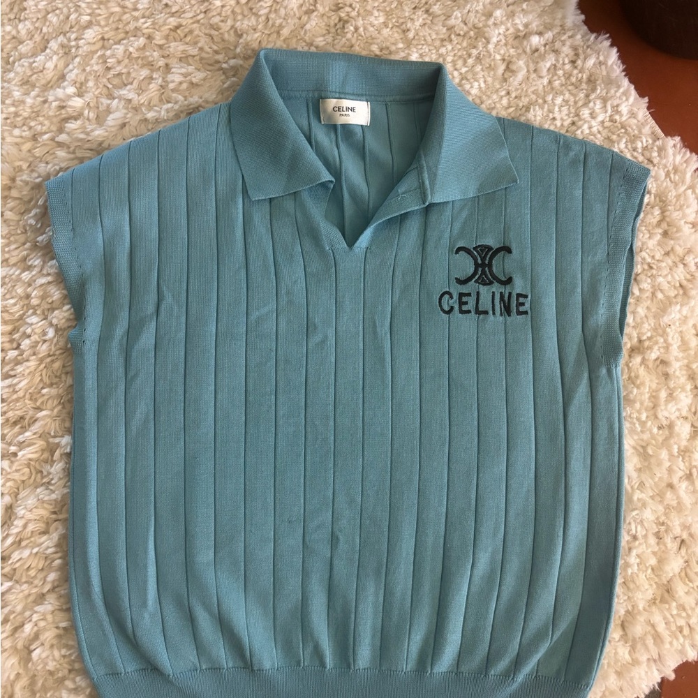 Aqua Blue Ribbed Sleeveless Polo Vest